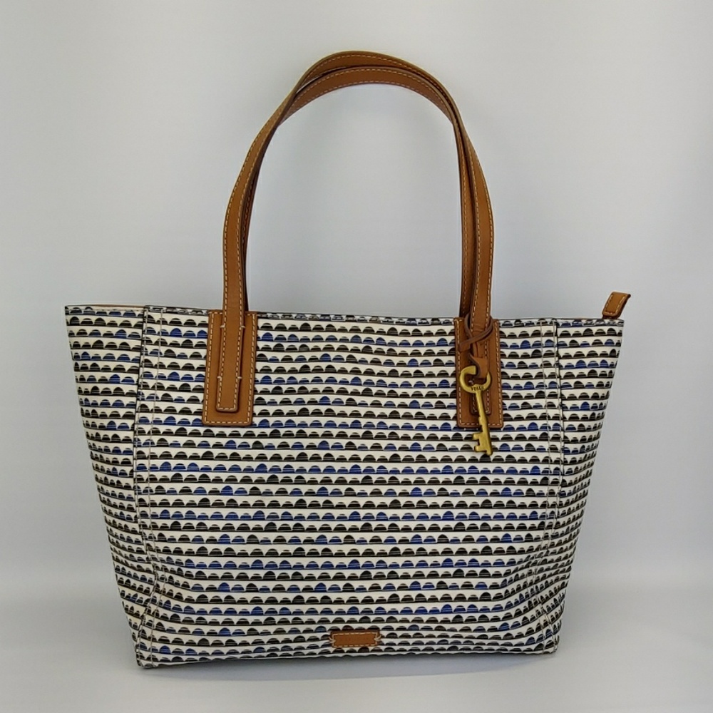 Fossil leather & coated canvas blue & white tote